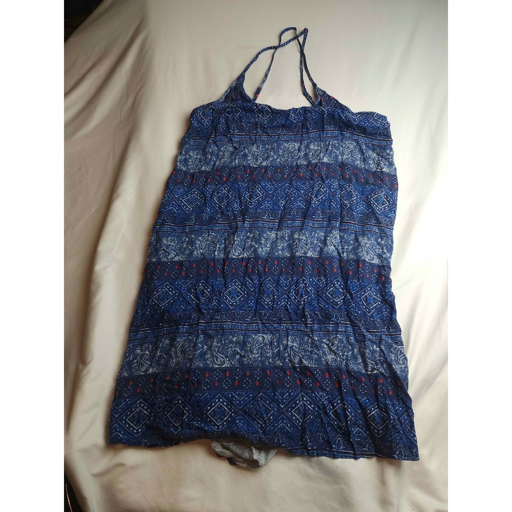 True Craft Blue Paisley Geometric Halter Dress XL Boho Rayon Summer Mini Womens